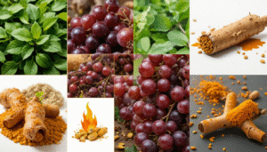 green tea leaves, red grapes, a turmeric root