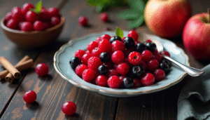 A close-up of a bowl of mixed berries, apples, and cinnamon sticks.