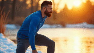 A happy person stretching outdoors in a park on a sunny day.