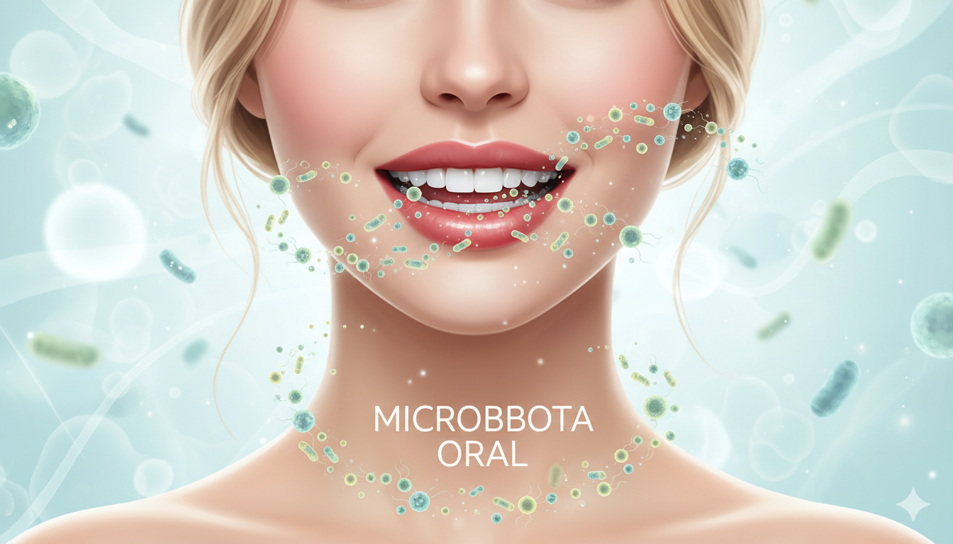 Schematic drawing of a human mouth with 'good' and 'bad' bacteria in balance.