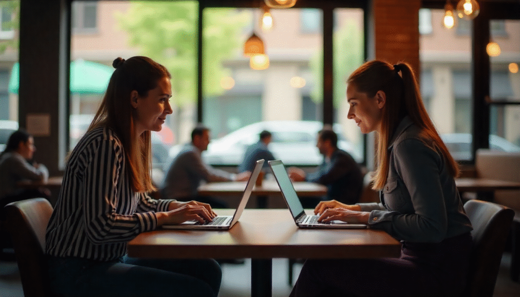 Two young adults working side-by-side in a cafe, each focused on their own laptop.