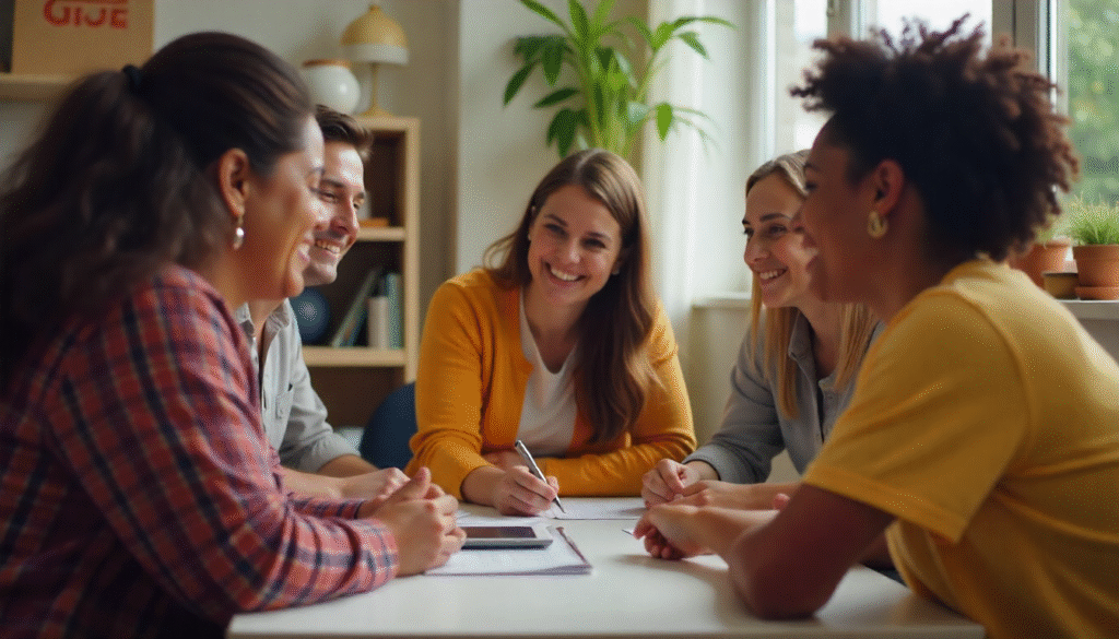 Diverse group of people gathered in a circle, smiling softly, signifying collective kindness and community resilience.