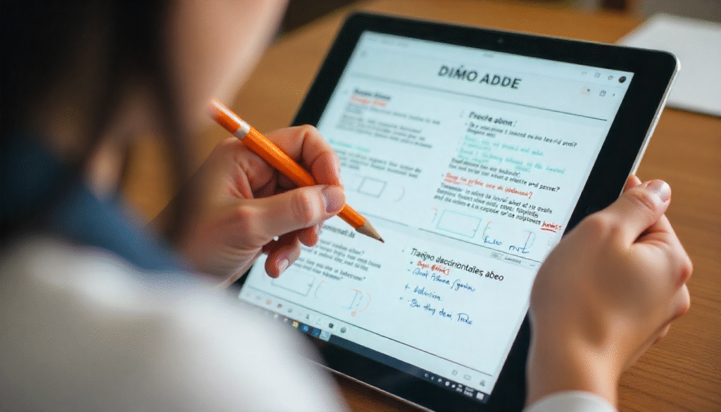 Close-up of a person taking notes on a tablet with various learning materials and charts.