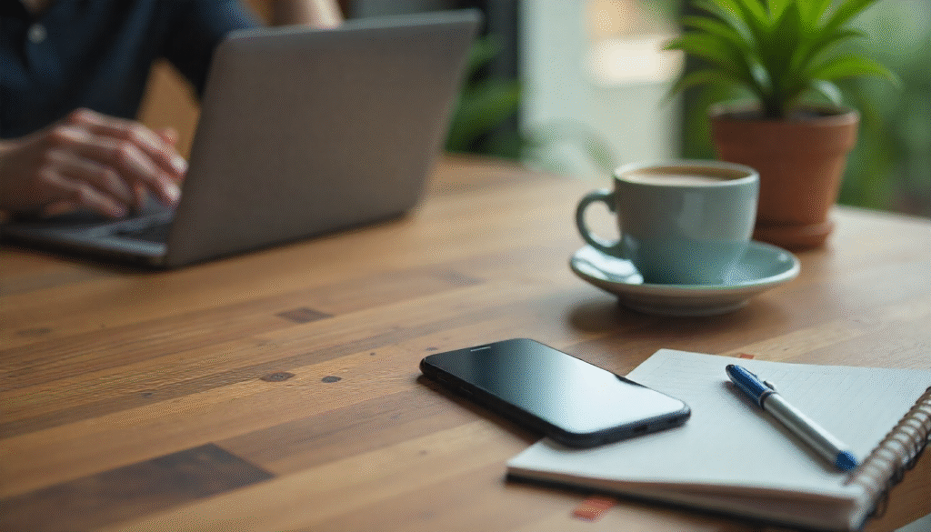 Person setting phone on 'Do Not Disturb' next to a laptop and a houseplant, symbolizing boundaries.