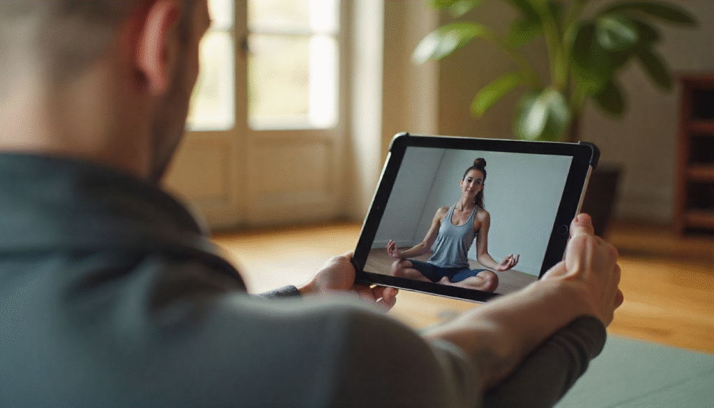 Woman performing warrior pose (Virabhadrasana) following a digital yoga class on a tablet.