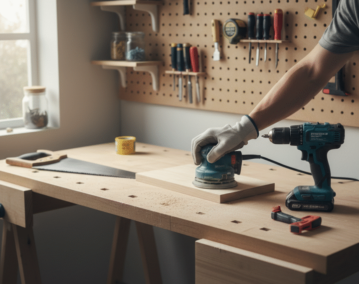 Small, organized woodworking bench with basic power tools and hand tools, demonstrating efficient workspace setup.
