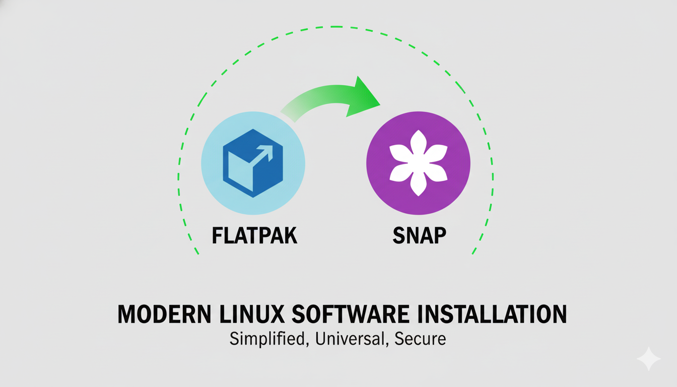 Logos of the universal package managers Flatpak and Snap overlaid on a simplified "Download" icon.