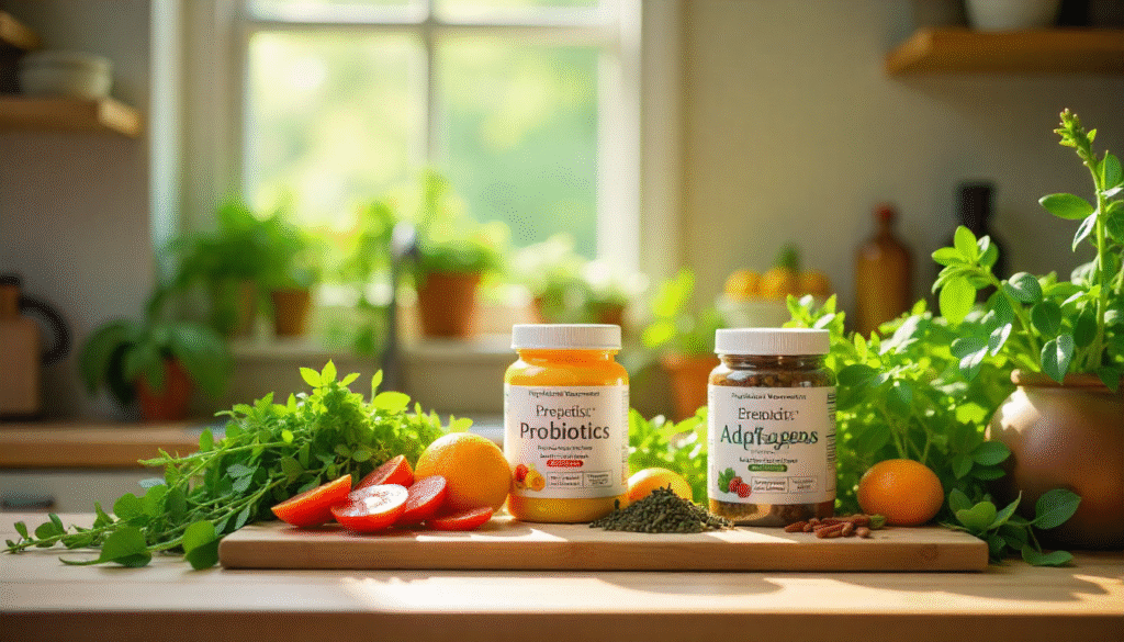 A spread of colorful functional foods: fermented foods, fresh fruits, veggies, spices