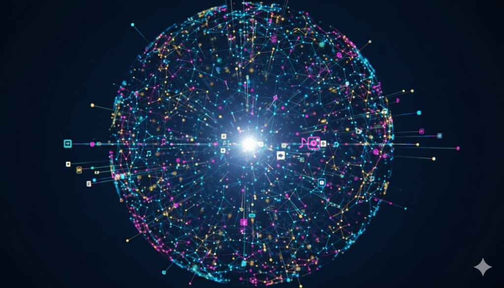 Abstract visualization of interconnected networks, with musical elements flowing through the nodes.