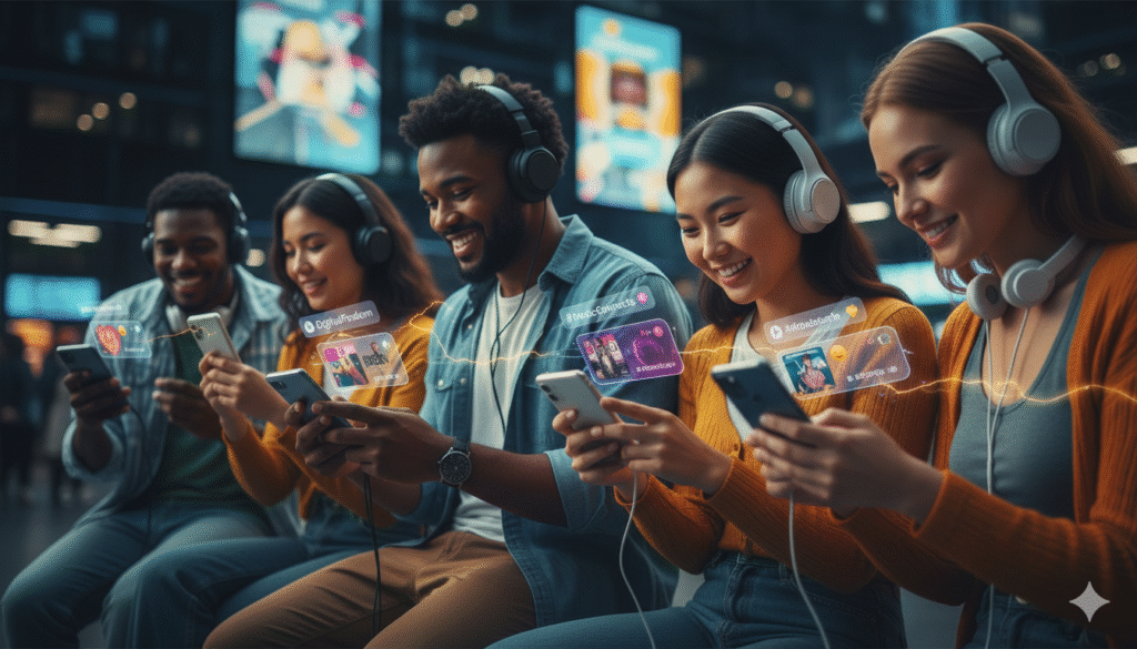 Young people intensely focused on phones, streaming music or engaging with artist social media.