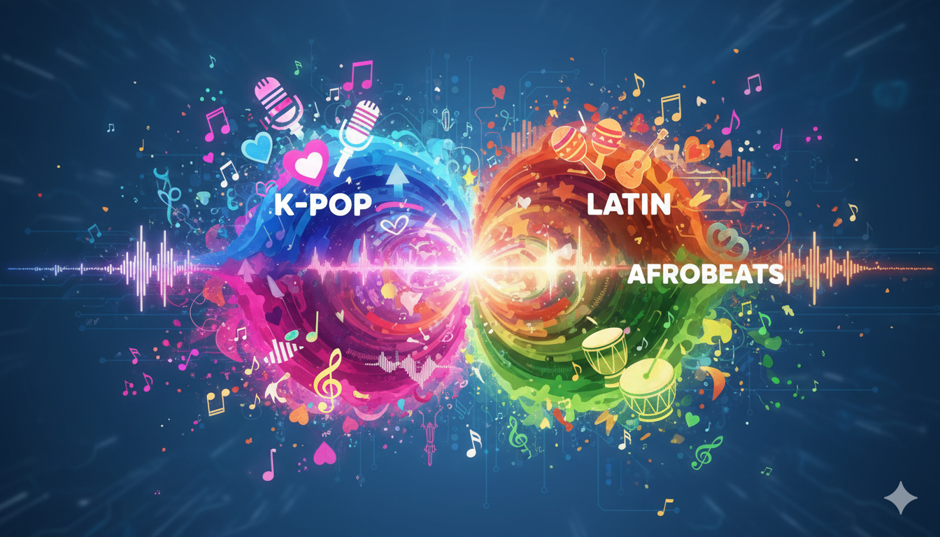 Stylized graphic of diverse music notes forming a single global soundwave.