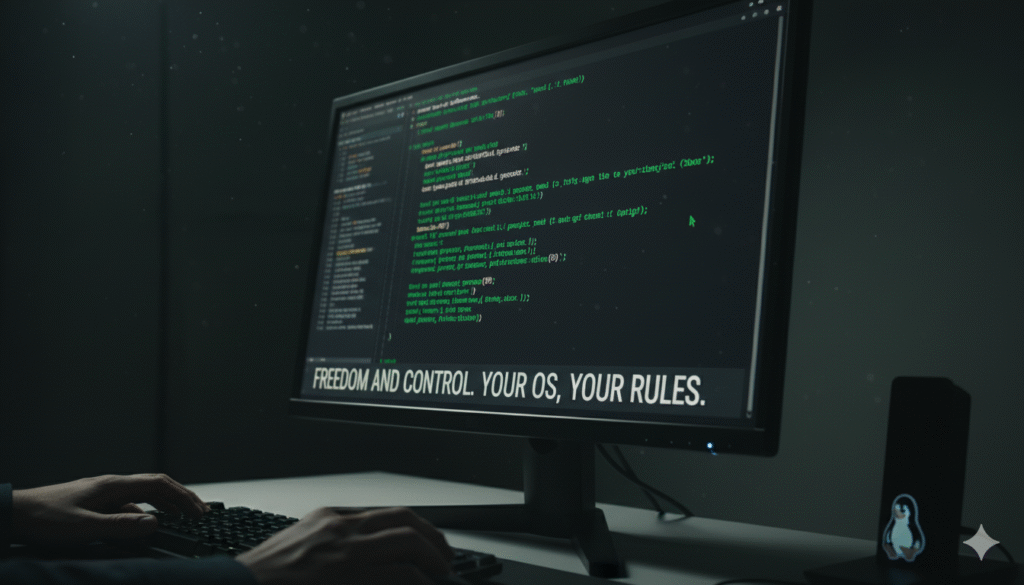 Image of a dark screen with command-line code being typed in a Linux terminal, symbolizing freedom and control of the operating system.