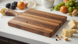 Modern, finished wooden cutting board with food-safe oil, ready for use as a serving tray.