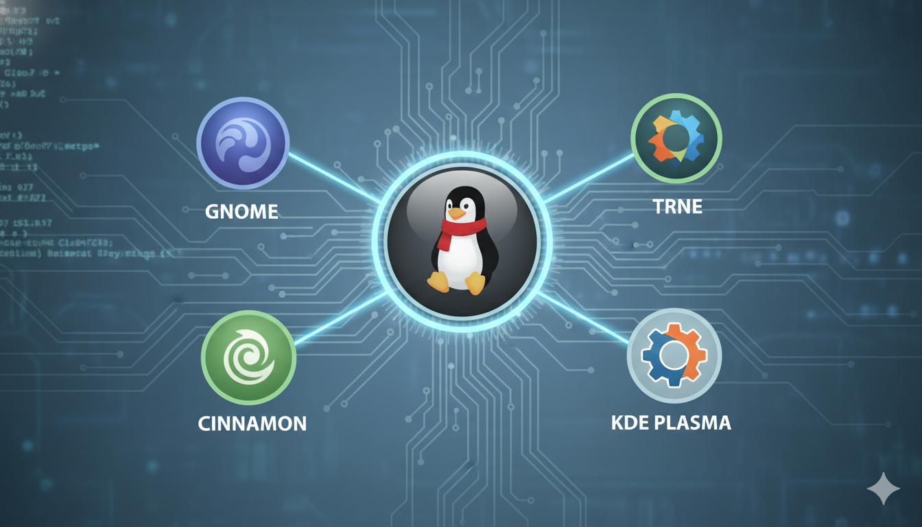 Illustration of the Linux Kernel icon connected to modern Linux desktop environments (e.g., GNOME, Cinnamon, KDE).