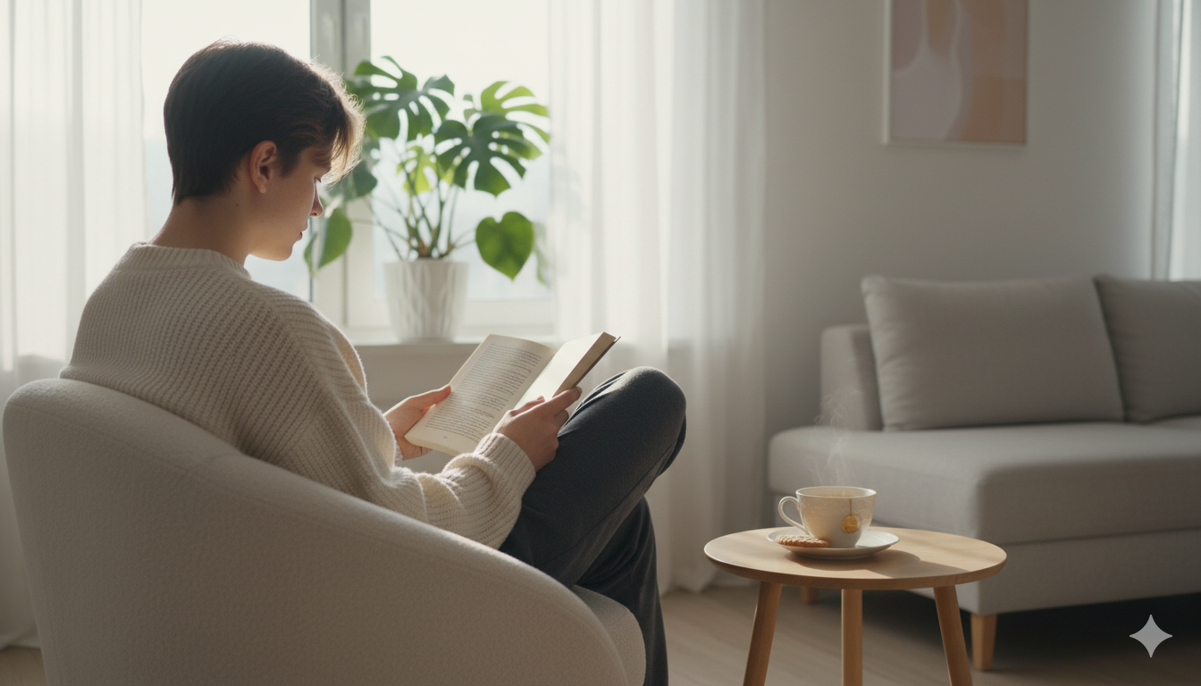 Person reading a physical book with a cup of tea in a minimalist, light-filled space.