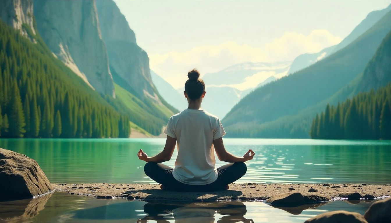 Man meditating on mountain top at sunrise, showing mental clarity and personal growth.