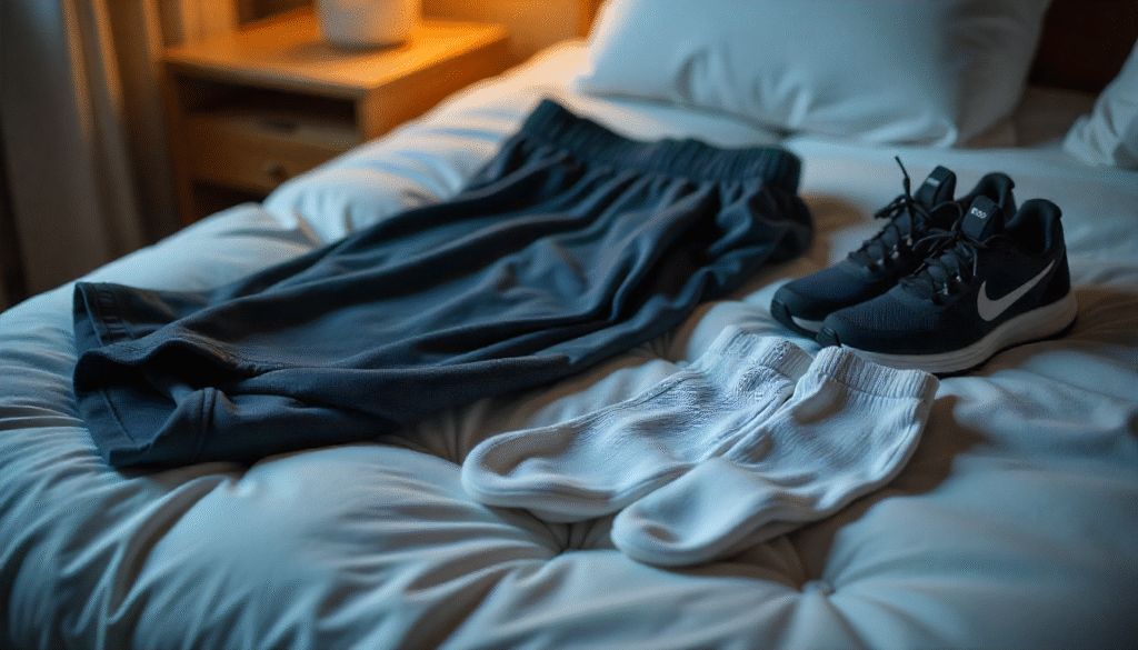 Set of clothes and running shoes neatly laid out on the floor before bedtime.
