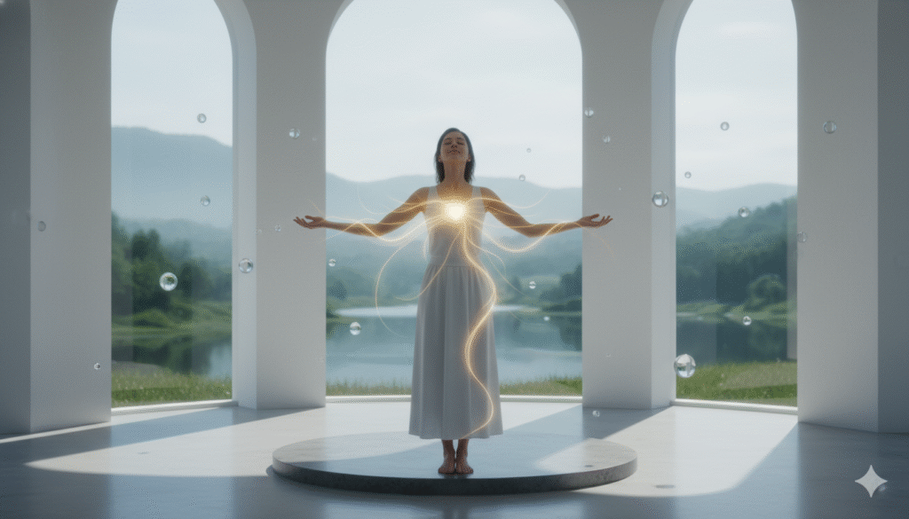 Person with open, relaxed posture against a soft background, representing emotional release and self-compassion.