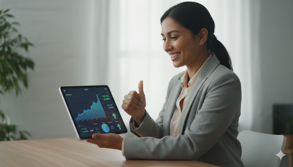 Image of a person (diverse representation) smiling confidently while looking at a tablet displaying financial data and charts.