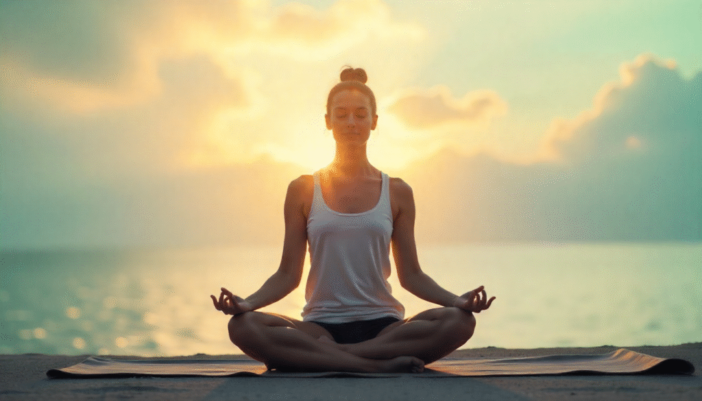Silhouette of a person sitting in a meditative yoga pose (Siddhasana) facing a sunrise or peaceful window view.