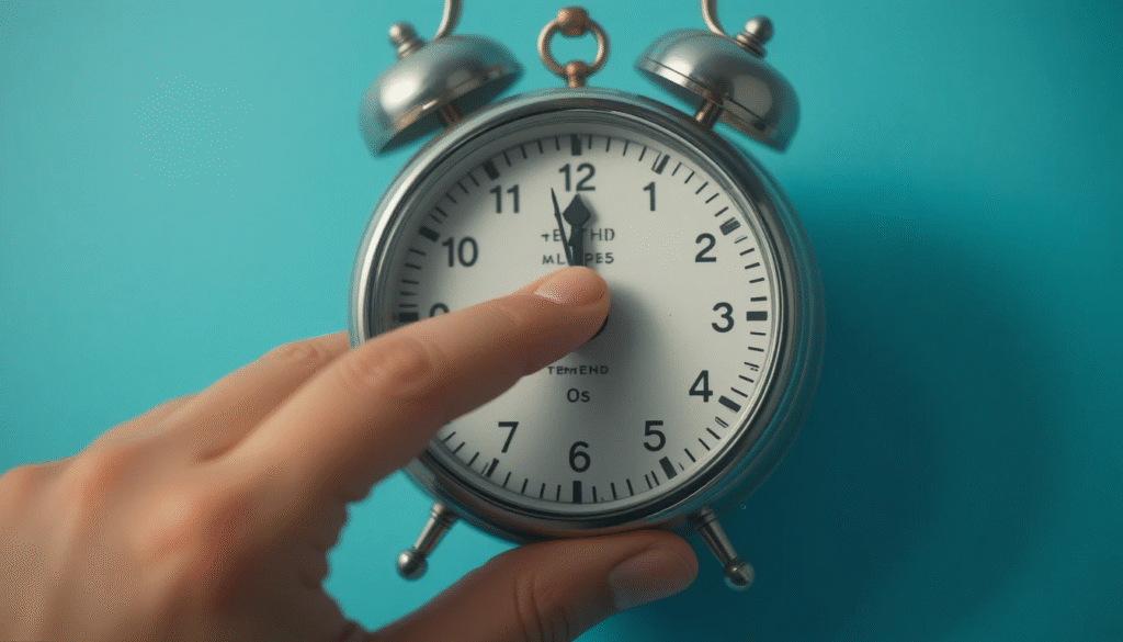 A hand reaching to set a small, vintage-style kitchen timer to five minutes.