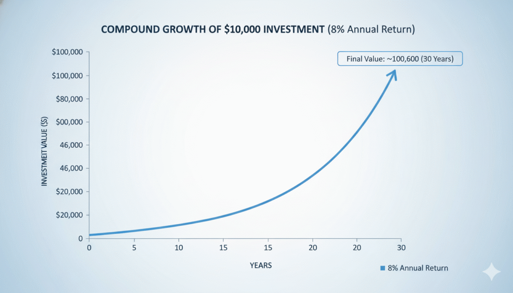 Line graph illustrating the exponential growth of a $10,000 investment over 30 years at a consistent 8% return.