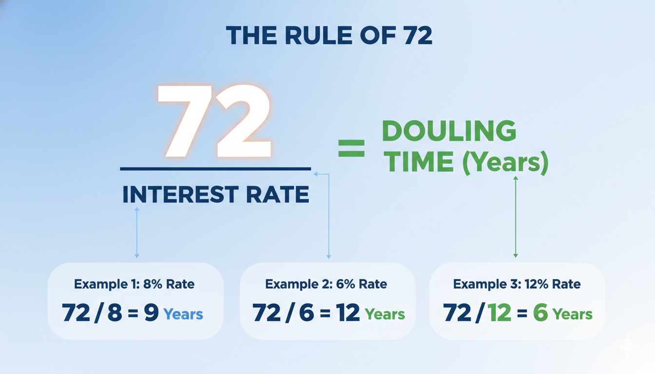 Diagram showing the Rule of 72 calculation: 72 divided by the interest rate equals years to double.