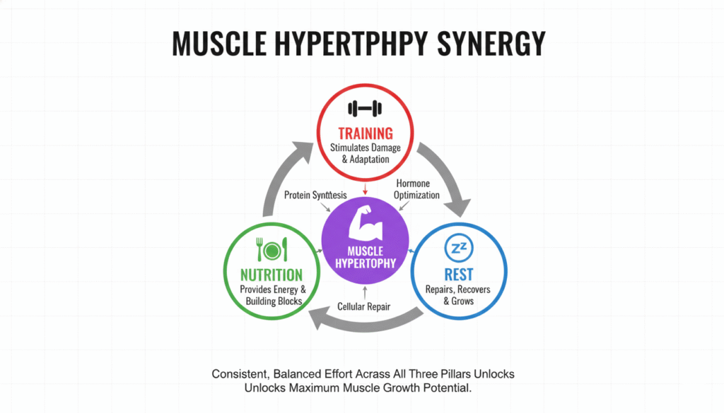 Infographic with three icons: dumbbell (training), food plate (nutrition), and sleeping person (rest).