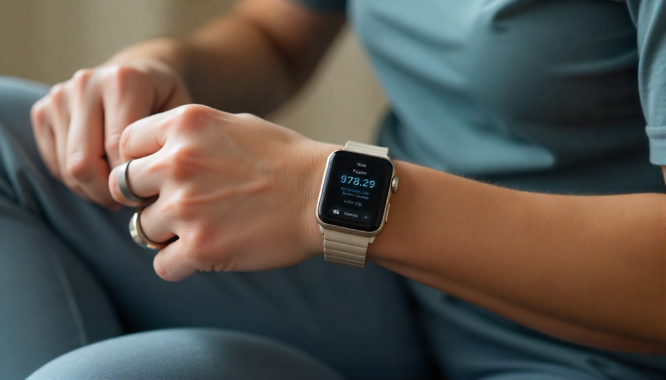 Person wearing several health wearables for monitoring sleep, heart rate, activity