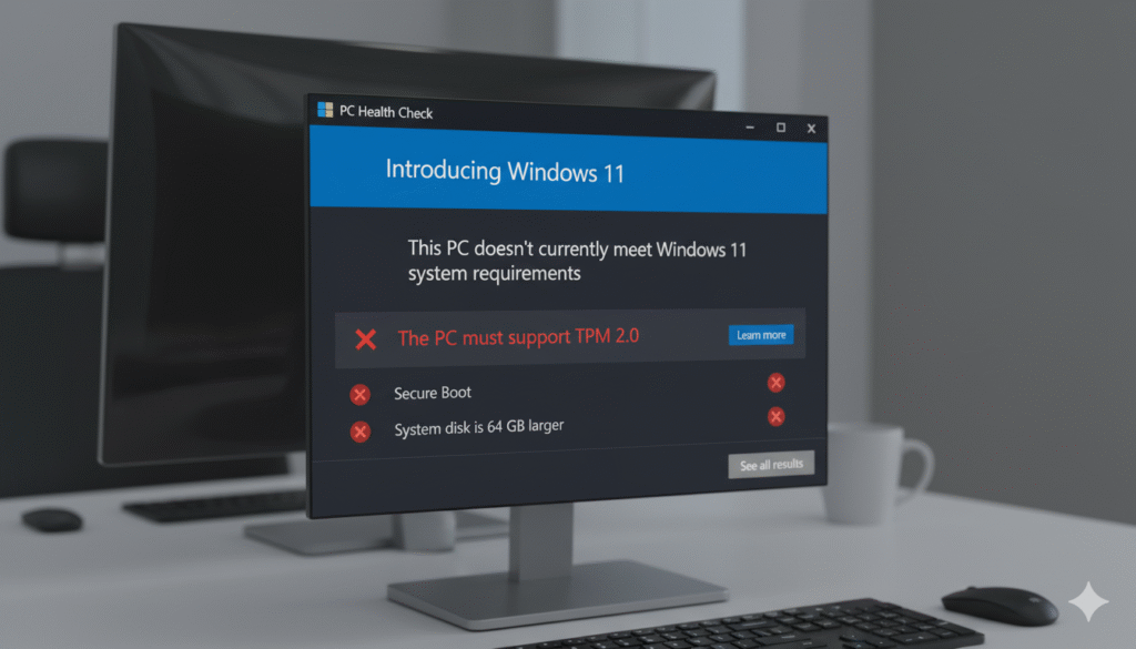 Screenshot of the PC Health Check app showing a computer's compatibility with Windows 11 and TPM 2.0 status.