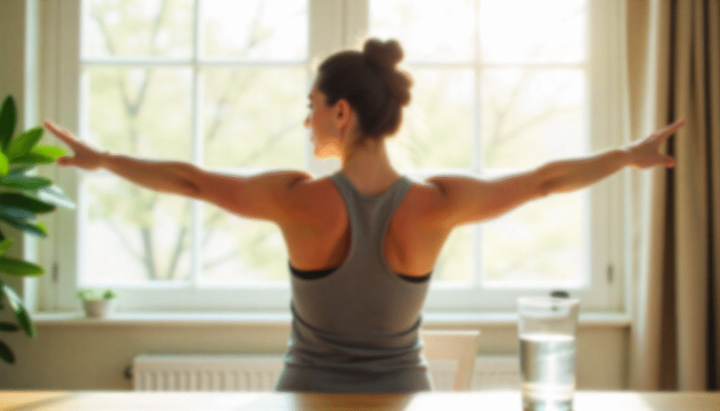 Woman performing light, gentle stretches in morning sunlight with a glass of water nearby.