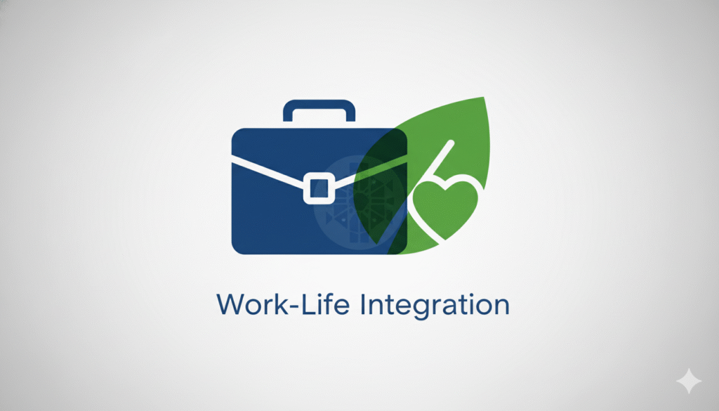 Graphic showing work and life icons overlapping but distinctly defined, symbolizing integration.