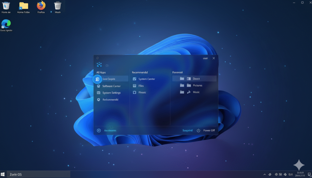 High-resolution screenshot of the clean, elegant Zorin OS desktop, featuring a Windows-like start menu.