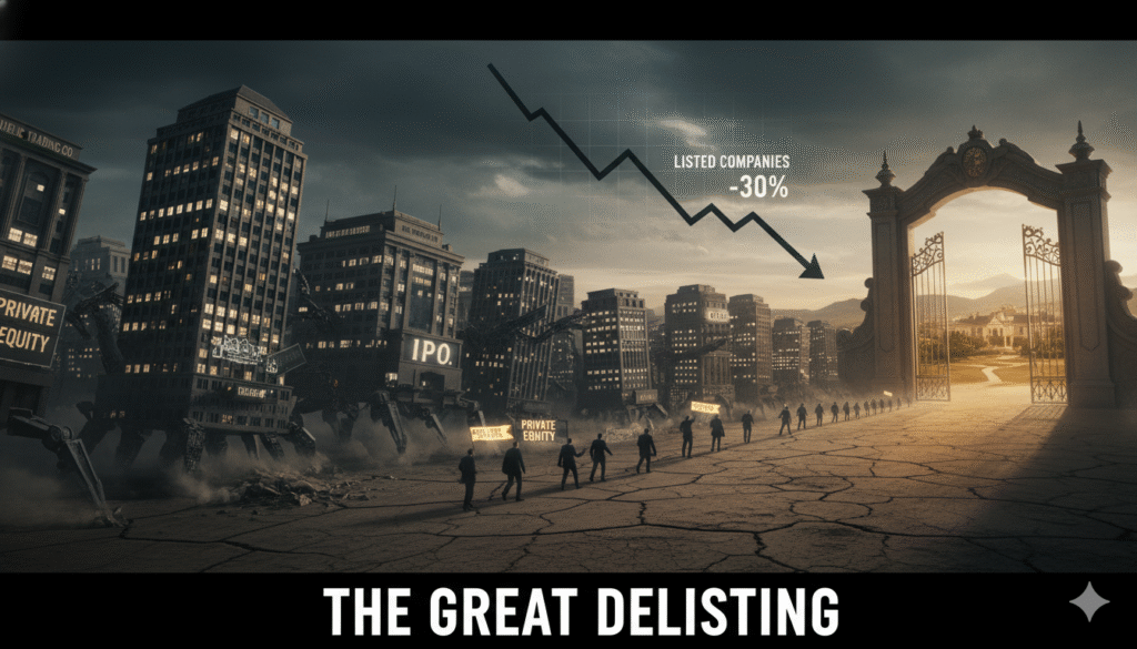 An 'Exit' gate or door of a corporate building, with shadows of executives leaving, symbolizing companies going private on the B3.