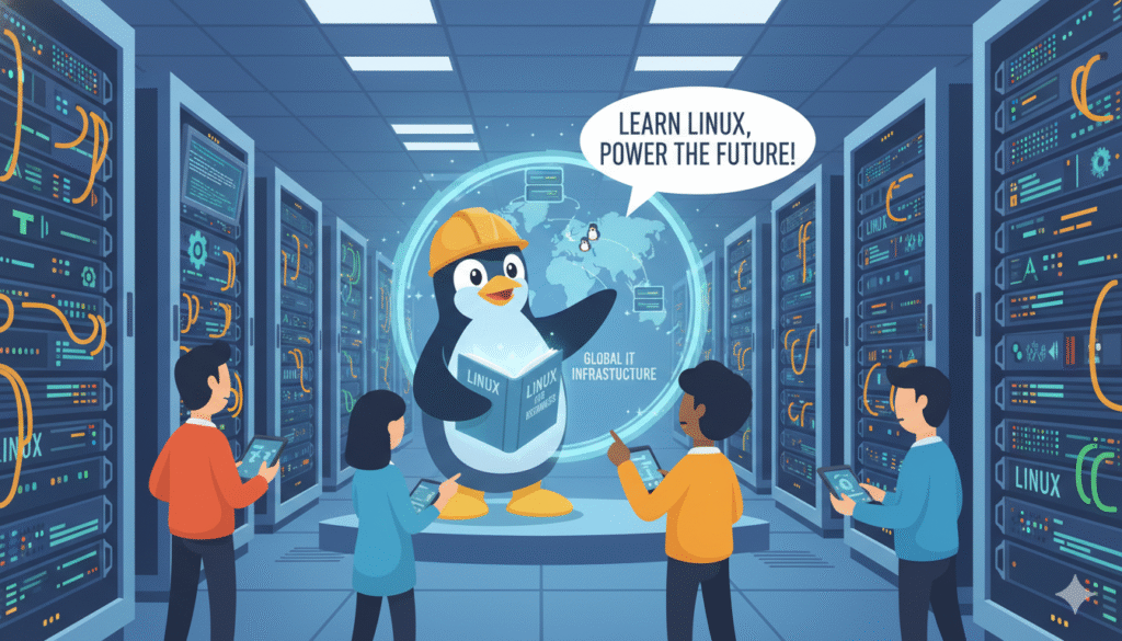 Tux (Penguin) mascot with graduation cap in front of servers.