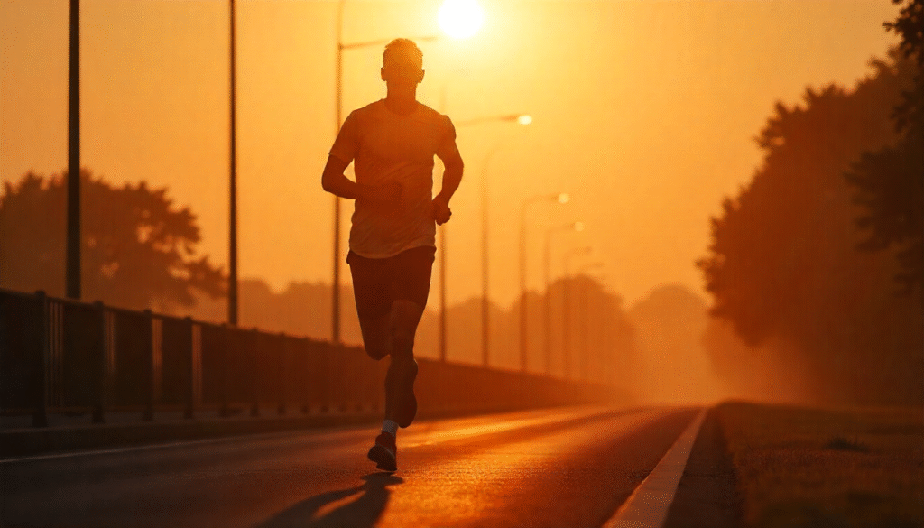 Man jogging on a sunlit trail representing aerobic exercise