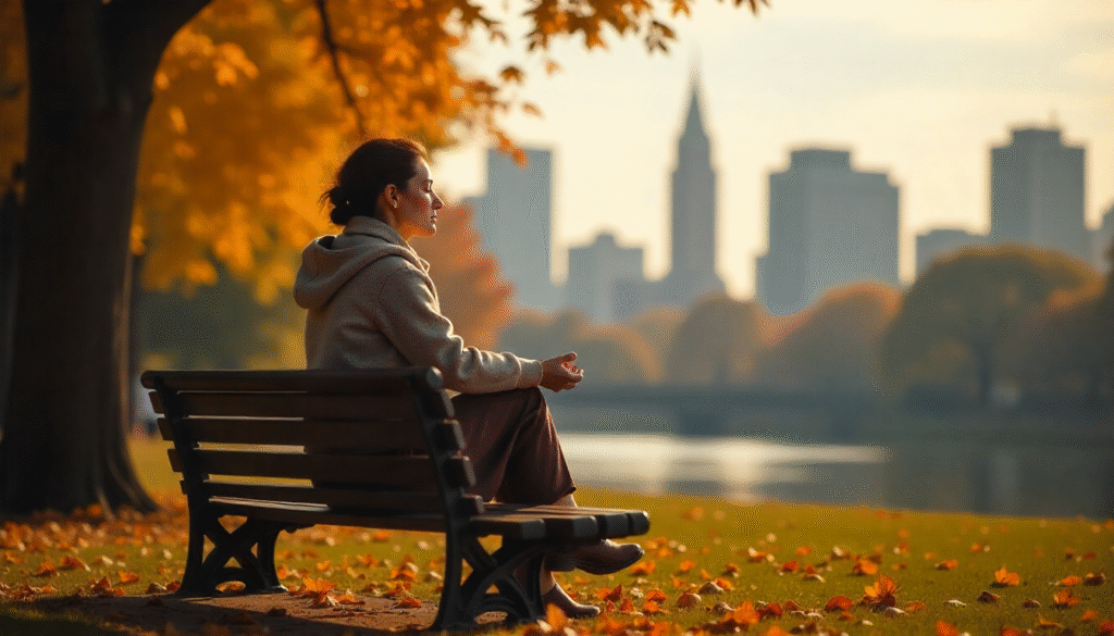 Person sitting on an urban park bench taking a short break to breathe/meditate with the morning sun.