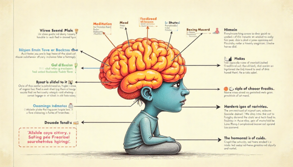 Abstract illustration of a brain with the focus areas (prefrontal cortex) illuminated, and a representation of cortisol decreasing.