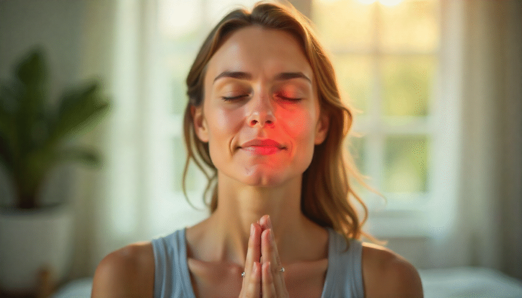 Close-up of a person's hands performing a specific breathing technique (like Nadi Shodhana mudra) over their face, focused on breathwork