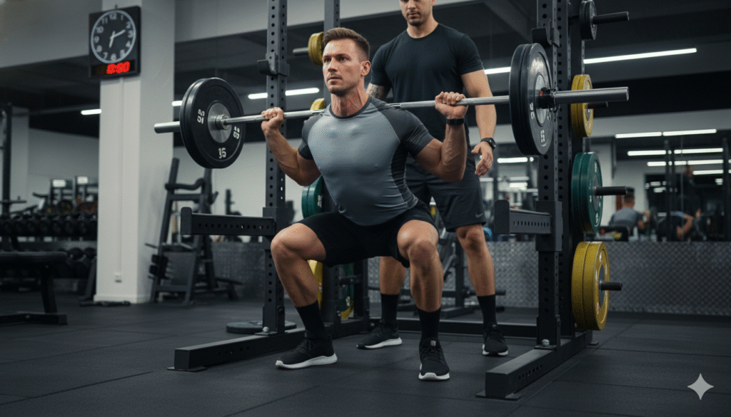 Person performing a controlled dumbbell row with clear muscle tension