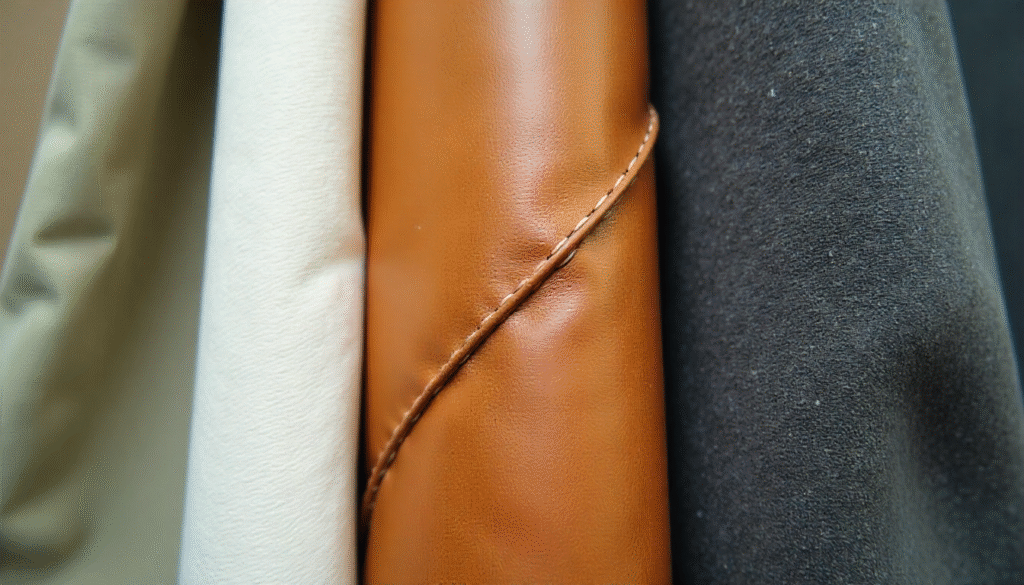 Detail of innovative and sustainable textile materials, such as Piñatex and organic fibers.