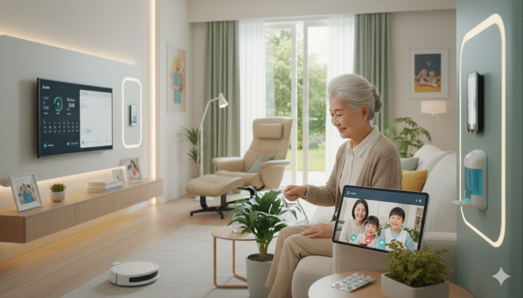 Image of a senior using a simplified tablet interface for health monitoring.