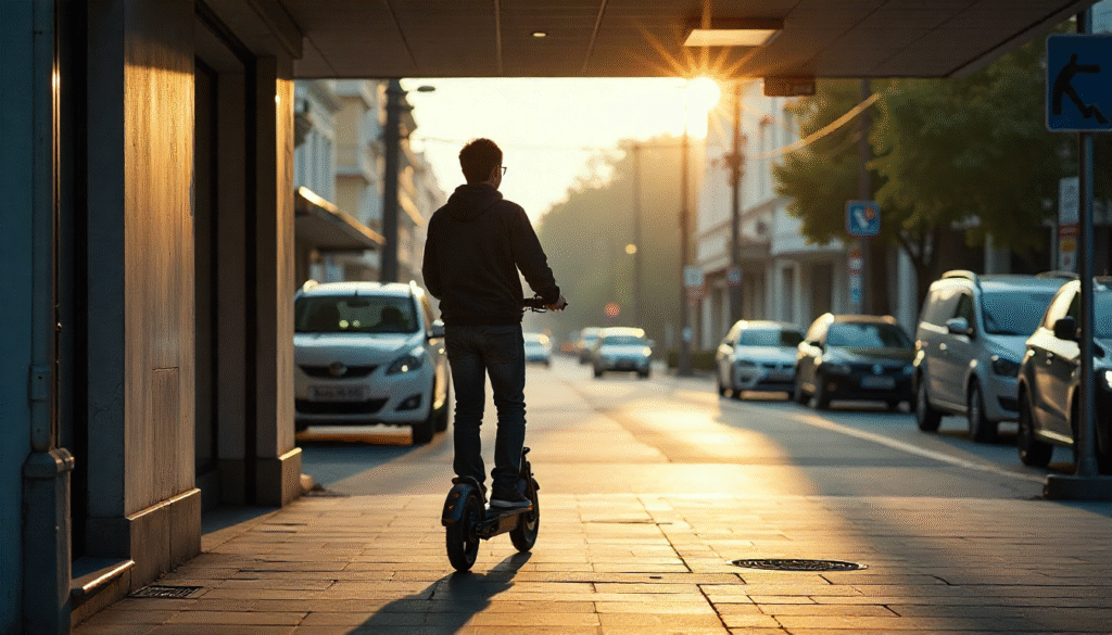 Person folding a portable e-scooter next to a public transport station, representing multimodal integration.