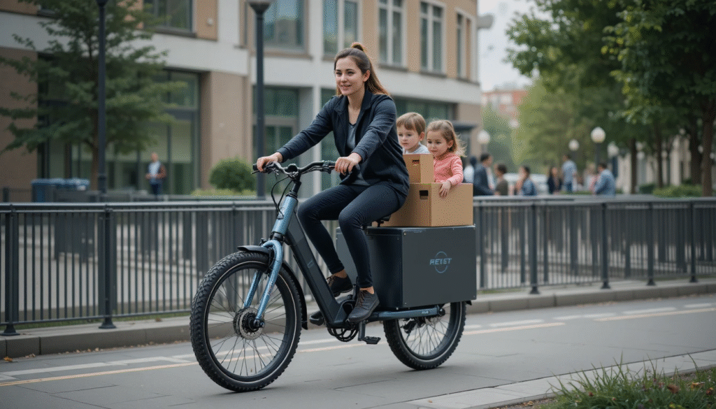 Person on a robust electric cargo bike on a bike path, replacing car use for family transport and urban logistics.